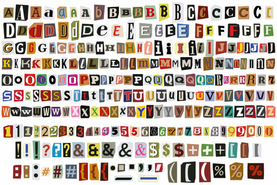 Ransom cut out color letters. Numbers, punctuation marks. Ransom note collage vector alphabet trendy paper style blackmail ransom kidnapper criminal anonymous or detective scrap font. Compose your own