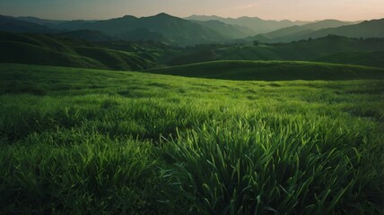 Serene green landscape with lush grass and rolling hills at sunset. Perfect for nature backgrounds, tranquil scenes, and countryside themes.