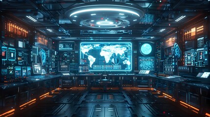 Futuristic Holographic Control Room with Immersive Cyber Background and Data Visualization