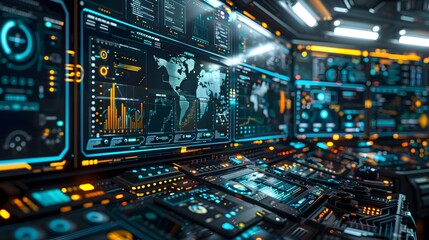 Futuristic Holographic Interface in Immersive Control Room Cyber Background Concept
