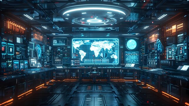 Futuristic Holographic Control Room with Immersive Cyber Background and Data Visualization