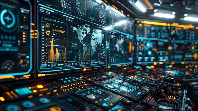 Futuristic Holographic Interface in Immersive Control Room Cyber Background Concept - Powered by Adobe