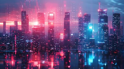Fototapeta premium Futuristic Neon Lit City Skyline with Vibrant Digital Elements and Cyber Background