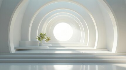Naklejka premium A minimalist white room with arched doorways leading to a bright, circular opening. A single plant adds a touch of nature. Photo.