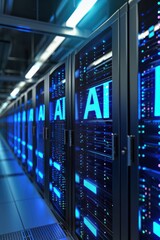 AI servers in data center on blurry dark background