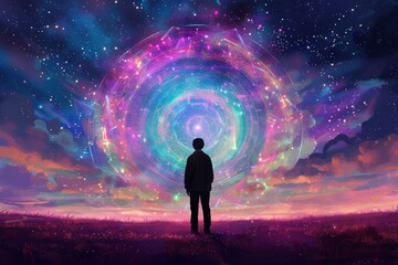Fototapeta premium Person standing in front of a vibrant cosmic portal symbolizing the exploration of the unknown