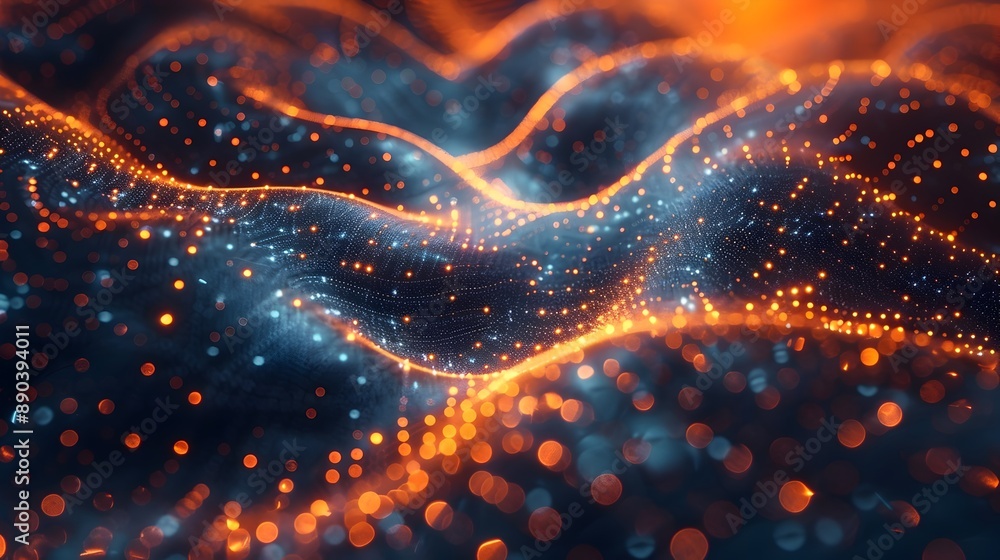 Poster captivating abstract visualization of digital network with glowing nodes and flowing data