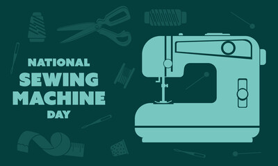 National Sewing Machine Day on June 13, business brochure design, banner flyer, horizontal vector template, cover presentation, poster of a modern edition, retro style shades of blue an engraving