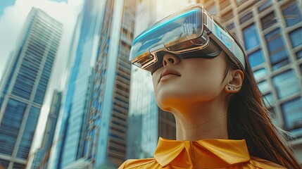 Woman using augmented reality glasses in virtual city. Future technology interface.