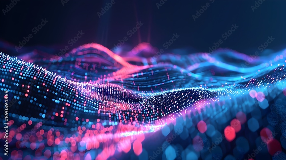 Poster mesmerizing digital abstract landscape with floating data and cyber elements