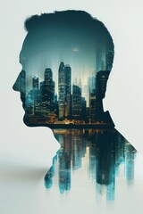 A silhouette of a man's head with a cityscape superimposed on his profile. The image represents the connection between the individual and the urban landscape.