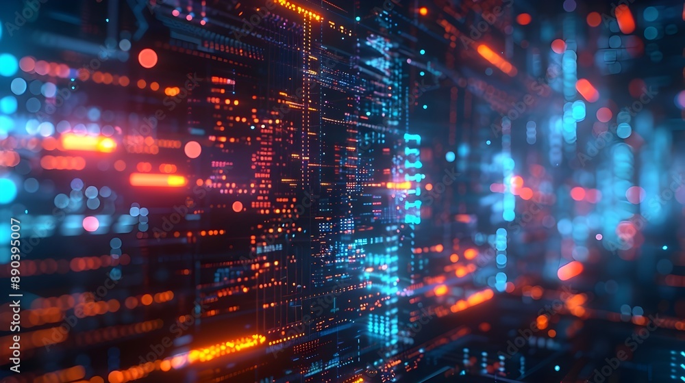 Poster cyber interface with glowing data streams and interactive elements concept