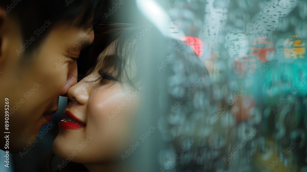 Poster raindrops are visible on a glass window, creating a calming effect, as a person is faintly visible i