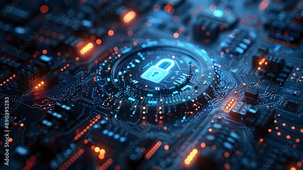 Poster cybersecurity shield with digital lock and matrix background secure and futuristic cyber concept