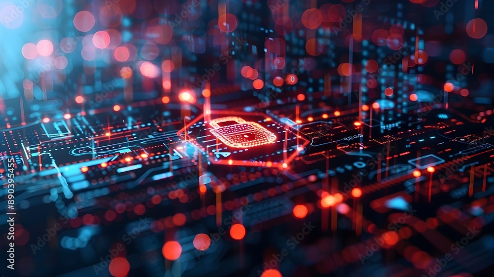 Poster cybersecurity shield with digital lock and futuristic matrix background secure cyber concept