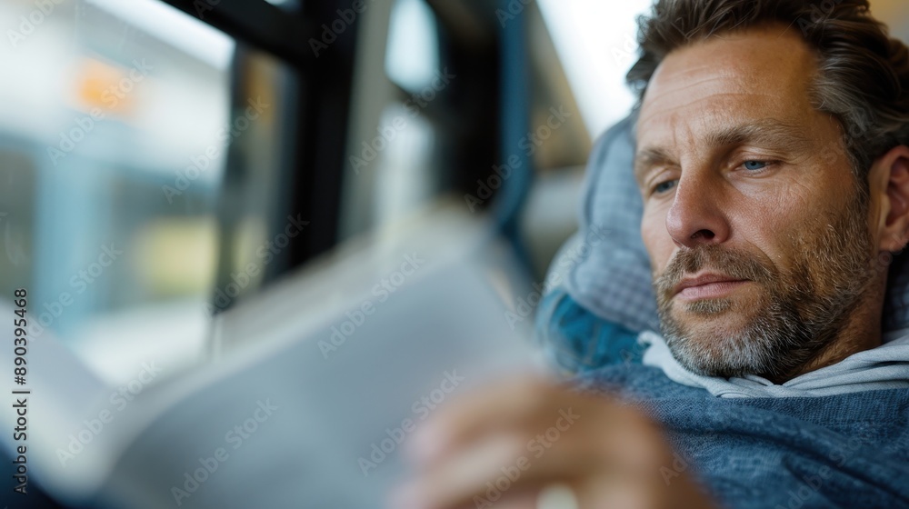 Poster a man deeply engrossed in reading a book while traveling on a train, capturing a serene moment of pe