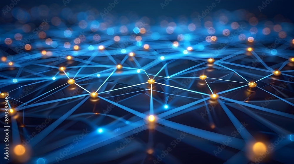 Poster detailed digital network visualization with interconnected nodes and lines in futuristic cyber backg