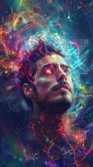 Fototapeta premium Rainbow Hair Man: Cosmic AI Portrait on a blurry dark background