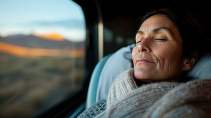 A woman rests while wrapped in a warm scarf, gazing out the window at the landscape during a train...