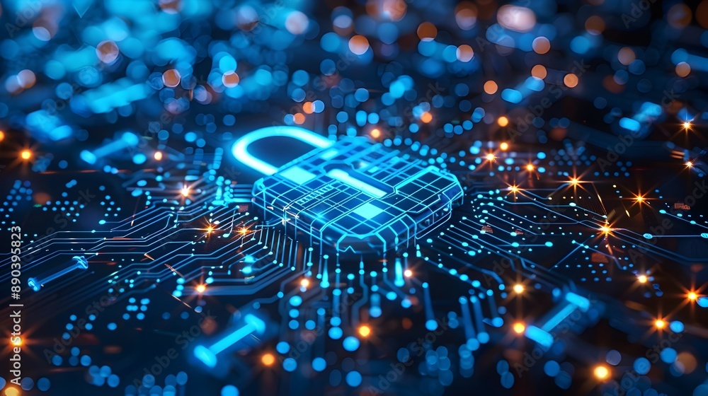 Poster secure digital matrix lock in futuristic cyber background with copy space