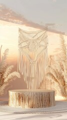 Boho Chic Wooden Podium with Pampas Grass on a blurred background