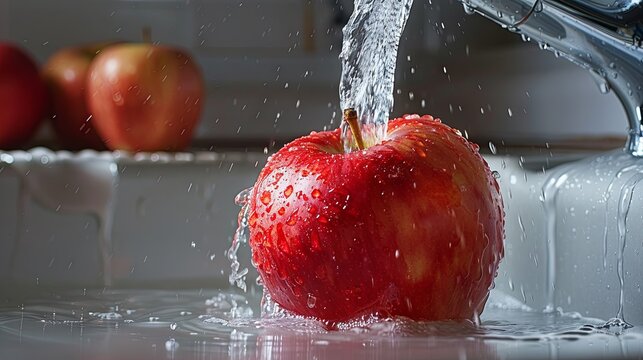 Wash red apple under tap in water - Powered by Adobe