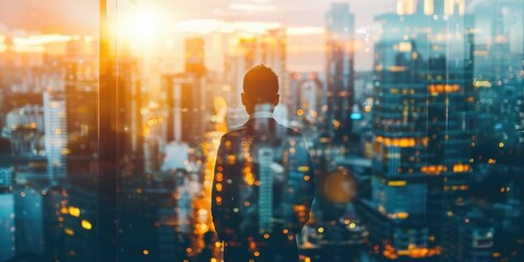 Fototapeta premium A person standing in front of a window, gazing out at the city below