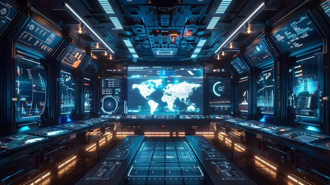 Futuristic Holographic Control Room with Interactive Displays and Cyber Background