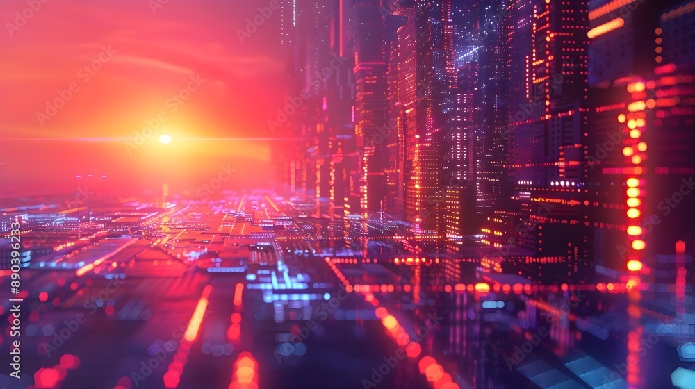 Poster vibrant cyber landscape with floating digital elements and futuristic architecture