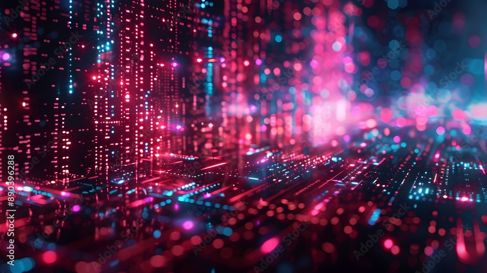 Poster vibrant cyber landscape with floating digital elements and high tech concept