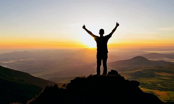 Silhouette of a person feeling strong and empowered, standing tall on the top of a mountain at sunrise