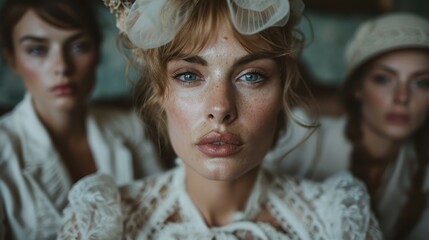 Obraz premium Three women, focused and serious, each dressed in luxurious vintage clothing. Their expressions and the background suggest an intricate and historical setting.