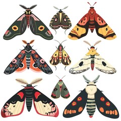 Moths Retro animal fashion cartoon isolated whitebackground