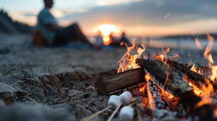 A cozy scene capturing a campfire with marshmallows roasting at sunset, while people are blurred in the background, evoking feelings of warmth, relaxation, and nature's beauty.