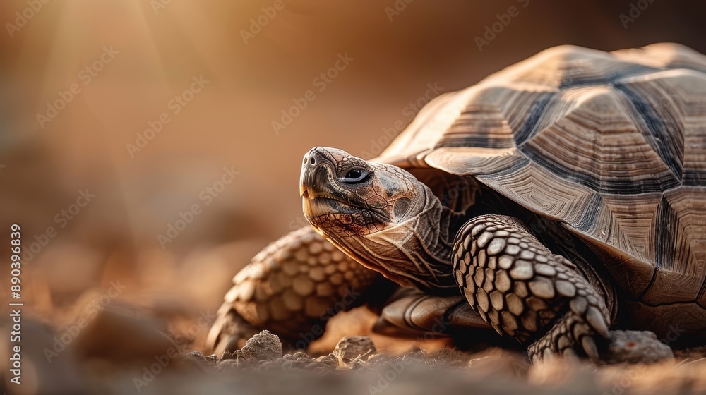 Poster a detailed close-up of a tortoise under sunlight, highlighting its intricately patterned shell and r