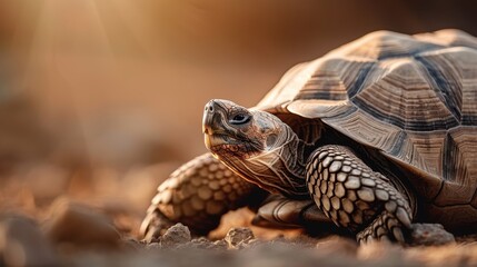 Naklejka premium A detailed close-up of a tortoise under sunlight, highlighting its intricately patterned shell and rough textured skin, as it moves through the desert terrain on a sunny day.