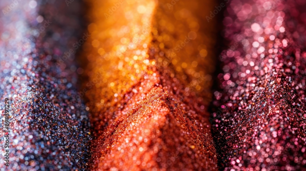 Poster a close-up abstract view of colorful glitter in multiple hues, arranged in diagonal rows, showcasing