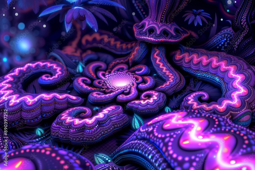 Poster abstract close up of vibrant fractal patterns capturing intricate designs and psychedelic colors