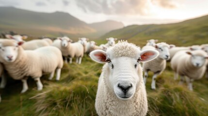 Obraz premium A herd of sheep grazing on a lush green pasture with rolling hills and mountains in the background, representing tranquility, nature, and the simplicity of rural life.
