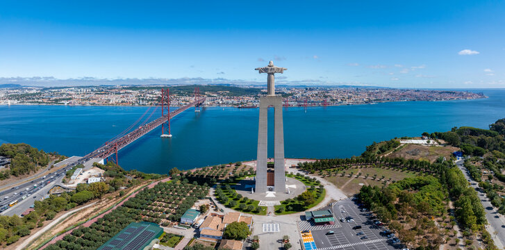 Aerial view of Sanctuary of Christ the King or Santuario de Cristo Rei on sunny summer day in Lisbon, Portugal.
