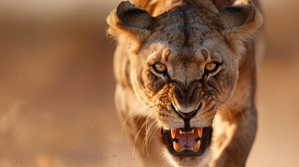 Obraz premium A lion runs head-on towards the camera, teeth bared and eyes full of determination, exuding power and intensity as dust swirls around, capturing the essence of wild splendor.