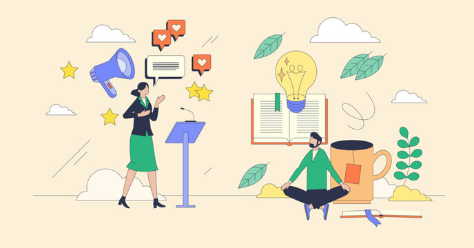 Personality traits and characteristics tiny person neubrutalism concept. Behavior model with individuality differences vector illustration. Psychological profile with person behavioral diversity.