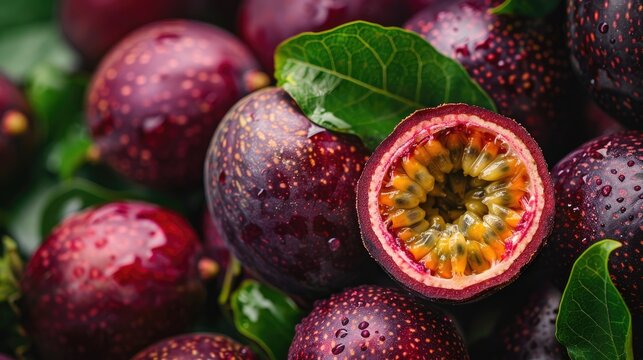 Harvested fresh purple passion fruits close up from farm