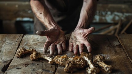 Hands supporting bonvenom on oak table