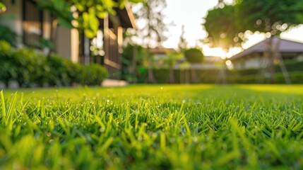 Healthy grass in a garden within a sprawling residential area