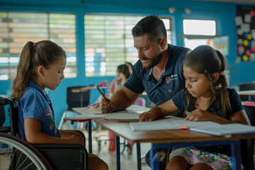 A male teacher is assisting two preteen girls in wheelchair in a classroom at school.