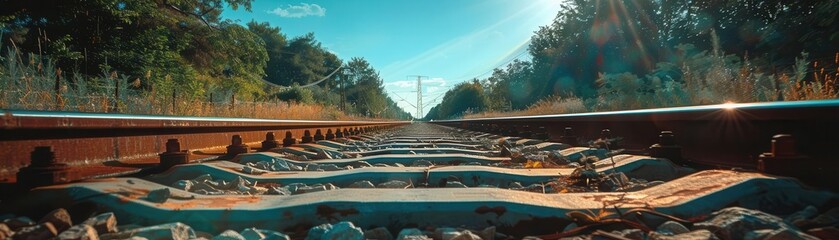 A train track vanishing into the distance between dense trees.