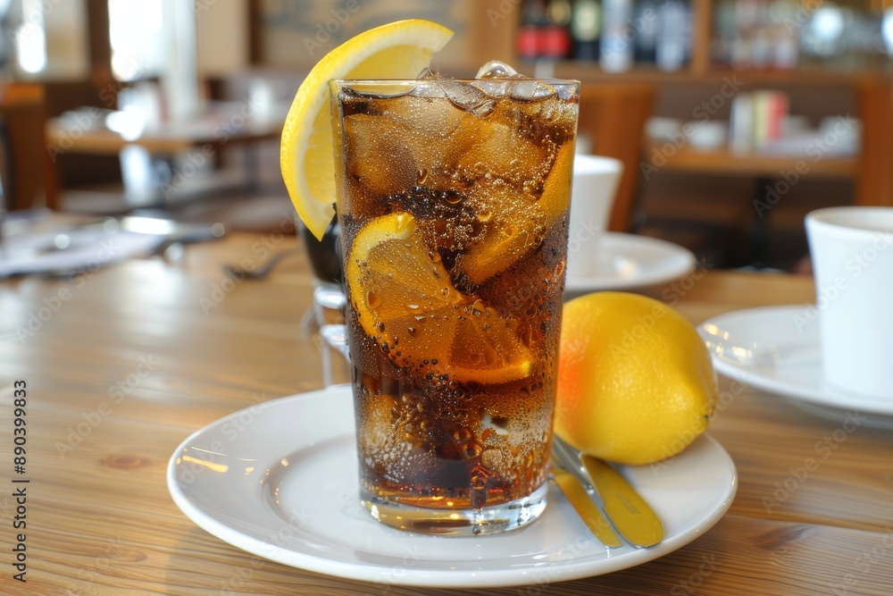 Poster glass of iced tea with lemon on a wooden table capturing refreshment and simplicity