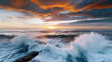Fototapeta premium Ocean waves crashing against a rocky shoreline at sunset