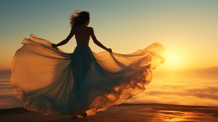 Silhouette of a woman in a flowing dress with her arms outstretched at sunset on a beach. Concept of freedom, beauty, and inspiration.